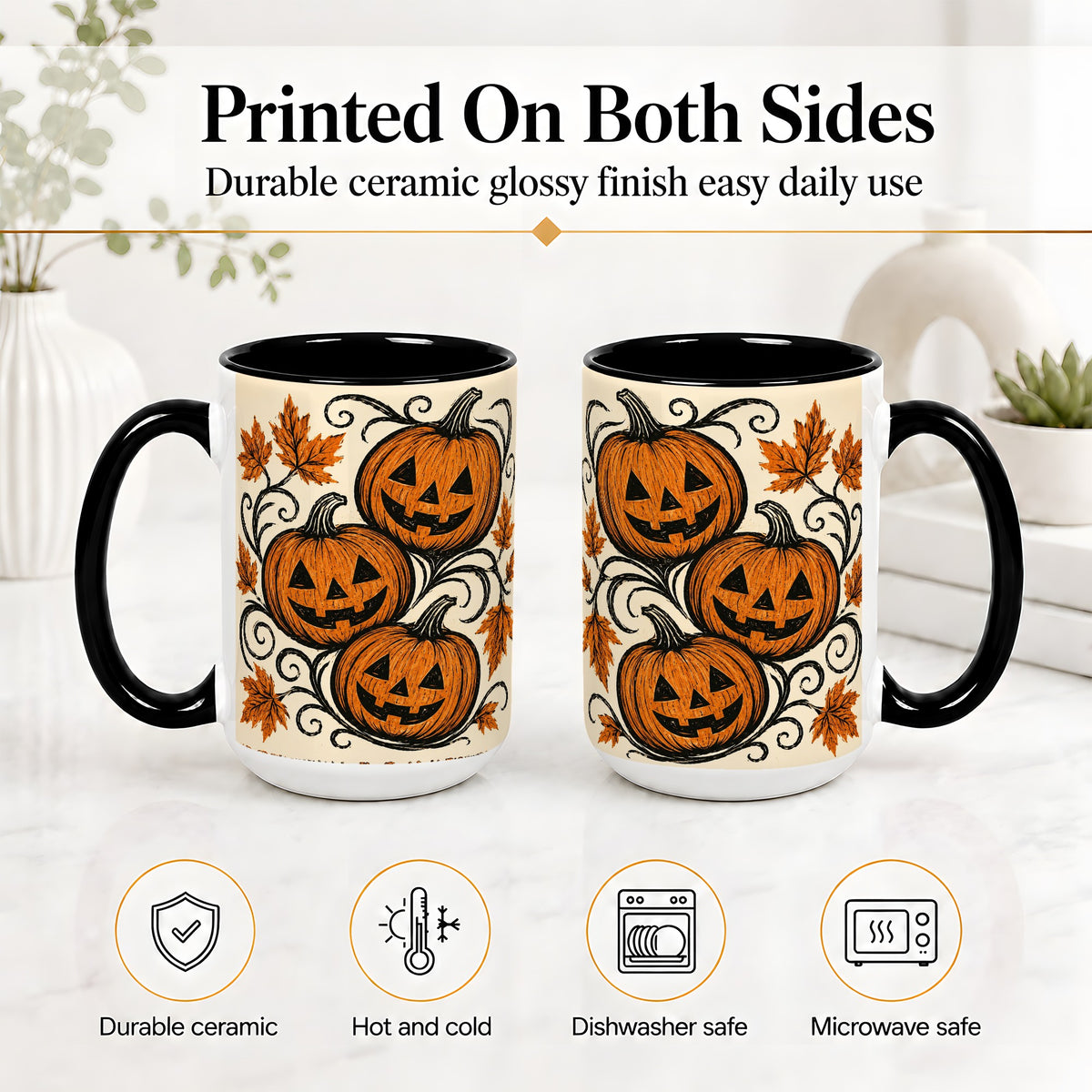 #pl[15oz|Black] Jack O Lantern Trio Ceramic Mug, Vintage Pumpkin Halloween Art