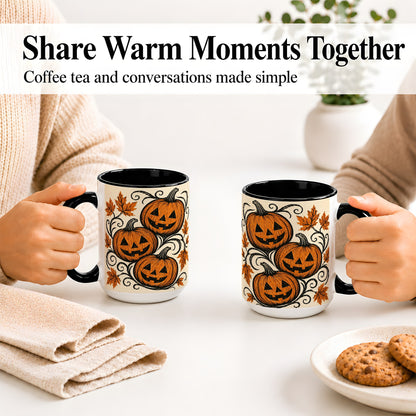 #pl[15oz|Black] Jack O Lantern Trio Ceramic Mug, Vintage Pumpkin Halloween Art