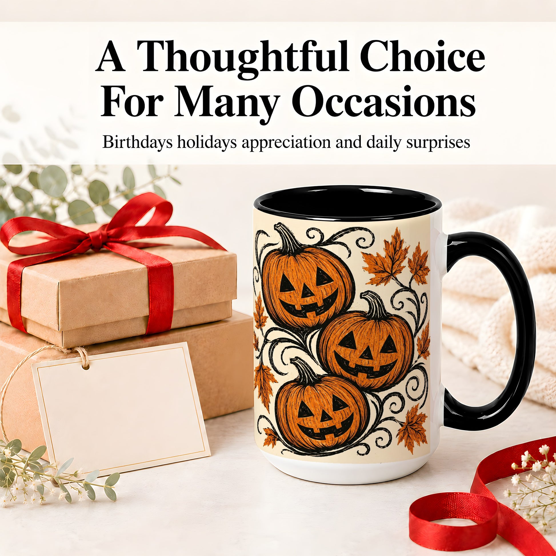 #pl[15oz|Black] Jack O Lantern Trio Ceramic Mug, Vintage Pumpkin Halloween Art