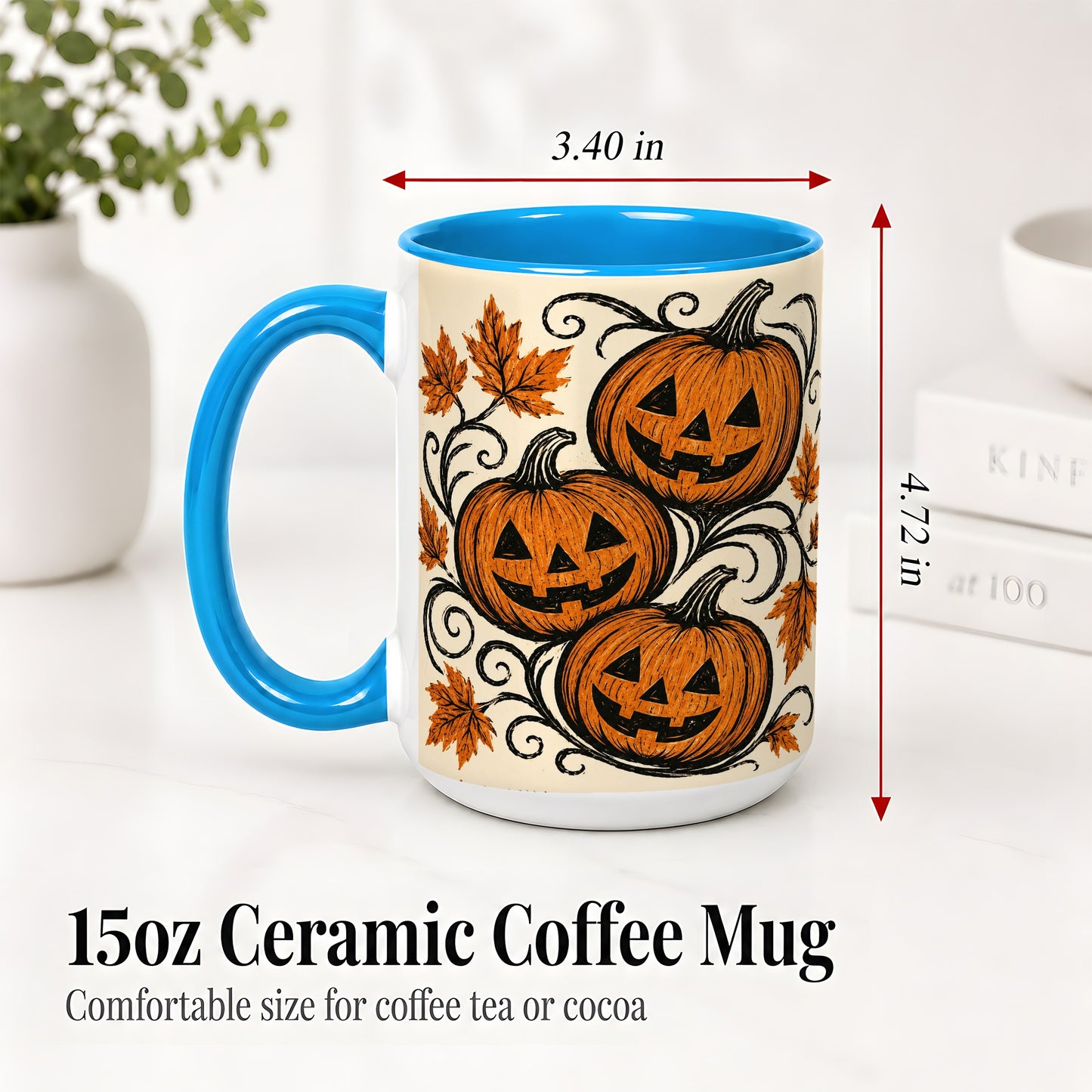 #pl[15oz|Blue] Jack O Lantern Trio Ceramic Mug, Vintage Pumpkin Halloween Art