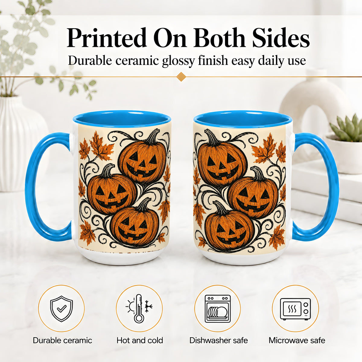 #pl[15oz|Blue] Jack O Lantern Trio Ceramic Mug, Vintage Pumpkin Halloween Art