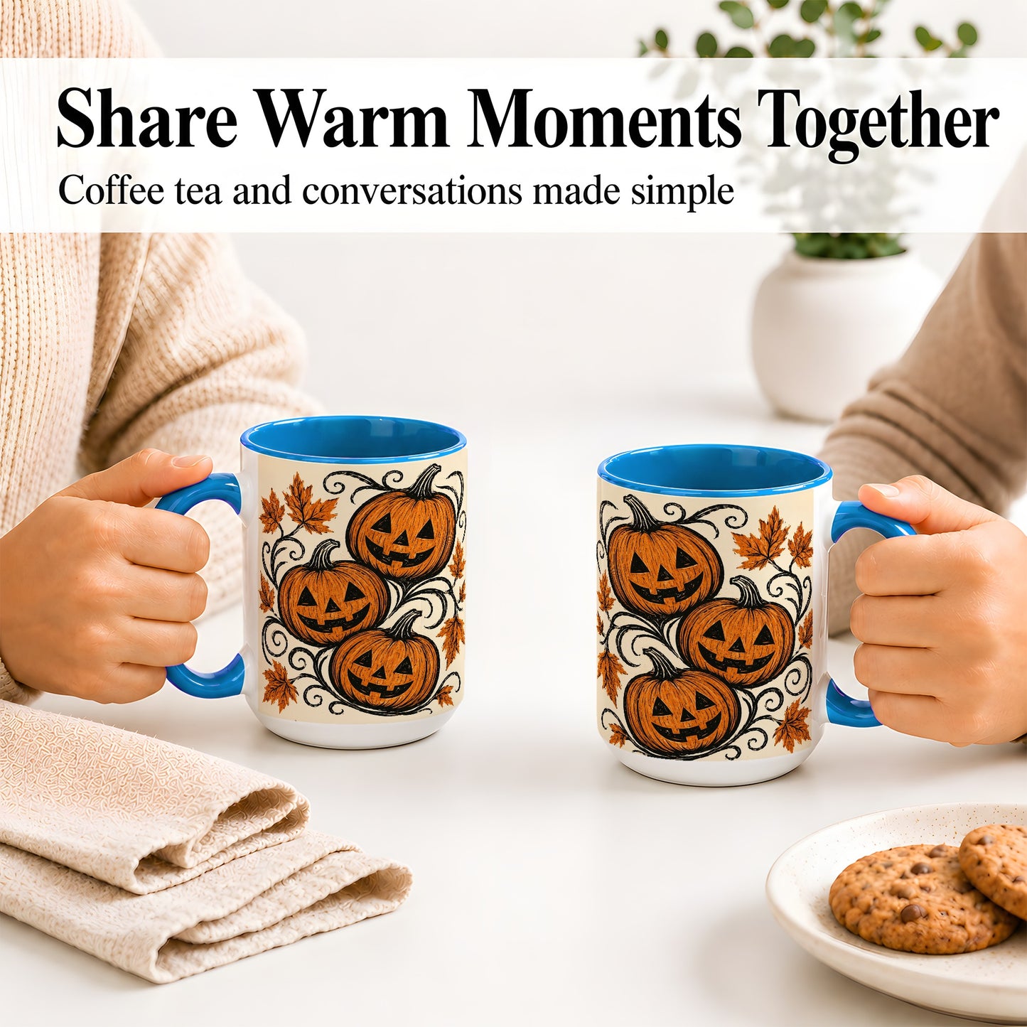 #pl[15oz|Blue] Jack O Lantern Trio Ceramic Mug, Vintage Pumpkin Halloween Art