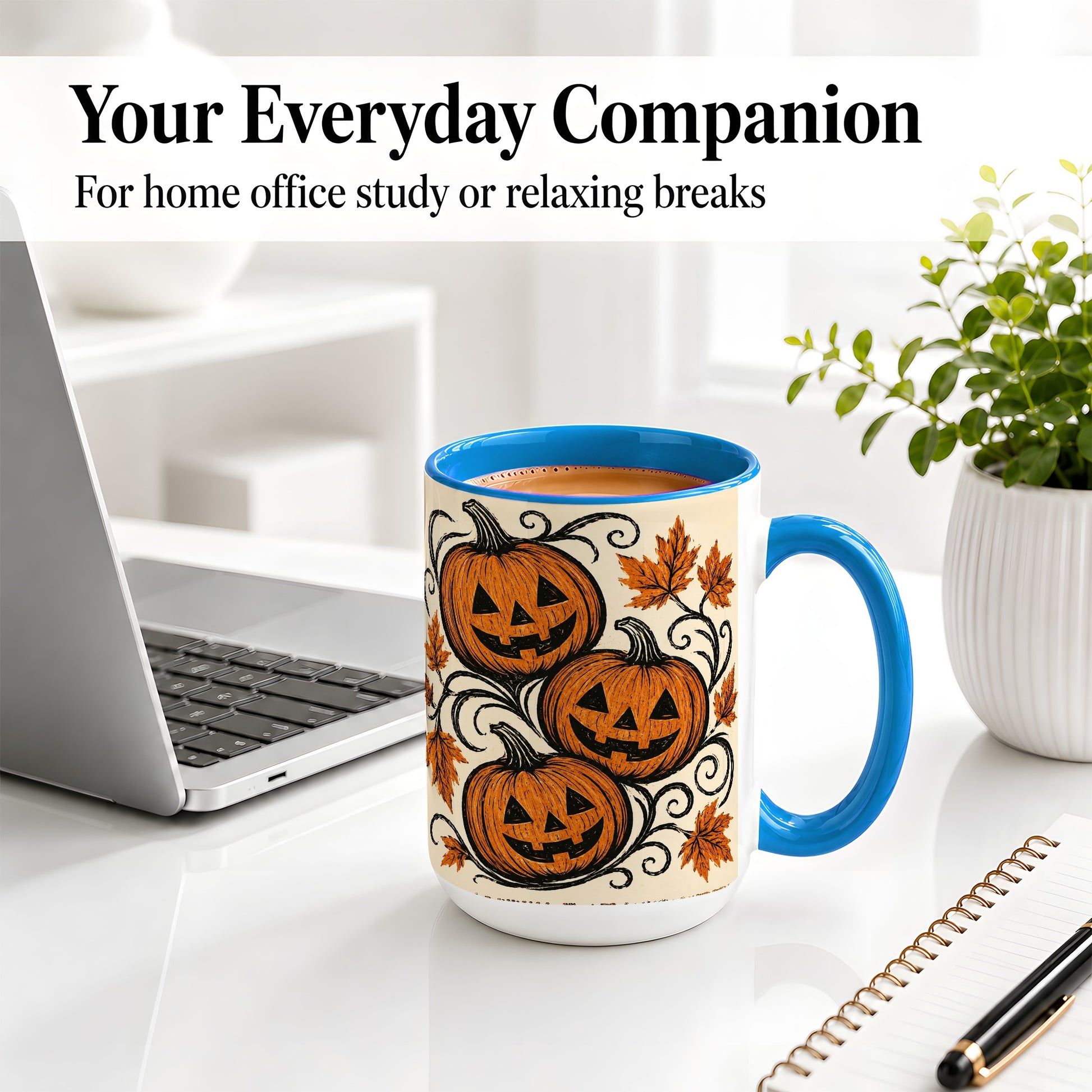 #pl[15oz|Blue] Jack O Lantern Trio Ceramic Mug, Vintage Pumpkin Halloween Art
