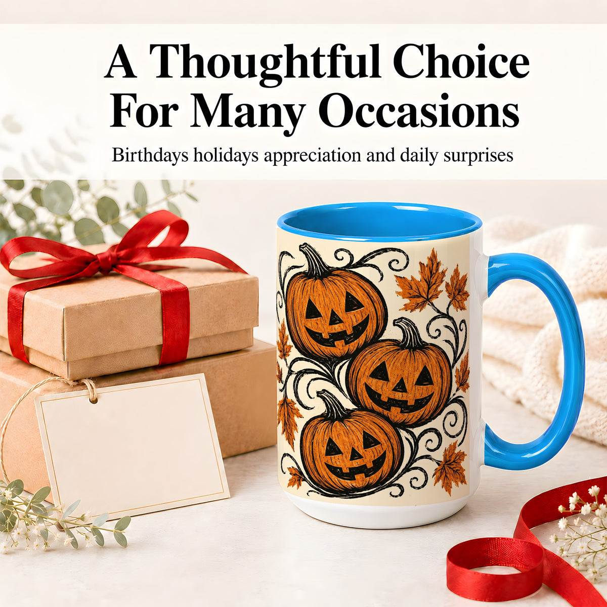 #pl[15oz|Blue] Jack O Lantern Trio Ceramic Mug, Vintage Pumpkin Halloween Art
