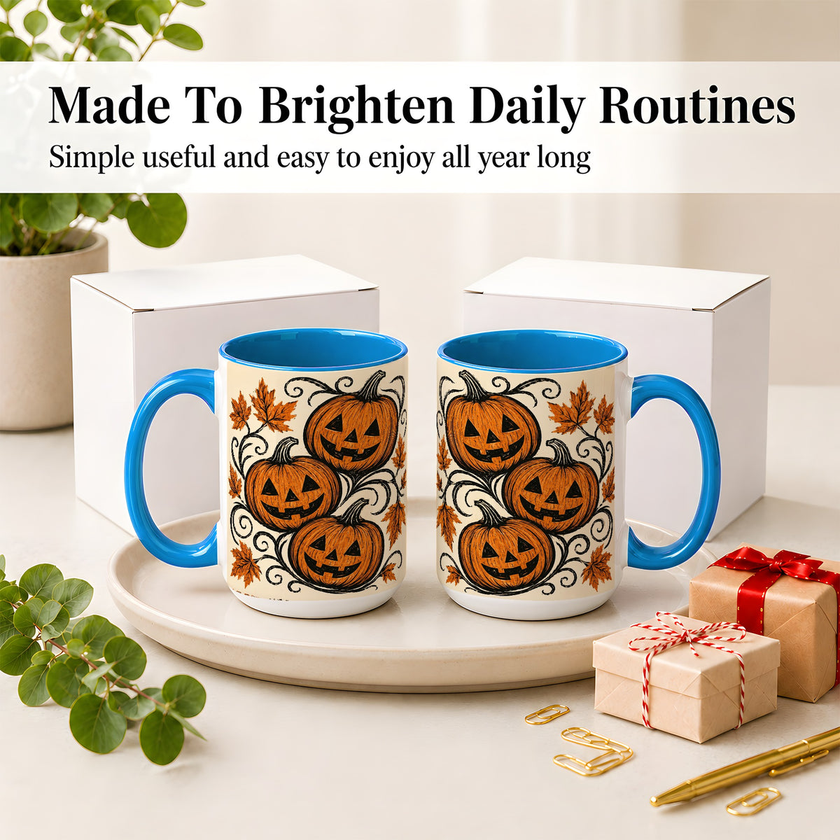 #pl[15oz|Blue] Jack O Lantern Trio Ceramic Mug, Vintage Pumpkin Halloween Art