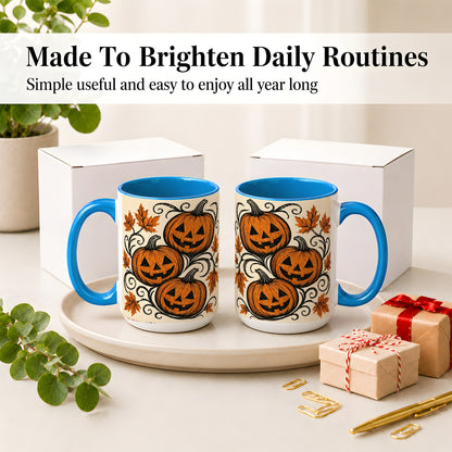 #pl[15oz|Blue] Jack O Lantern Trio Ceramic Mug, Vintage Pumpkin Halloween Art