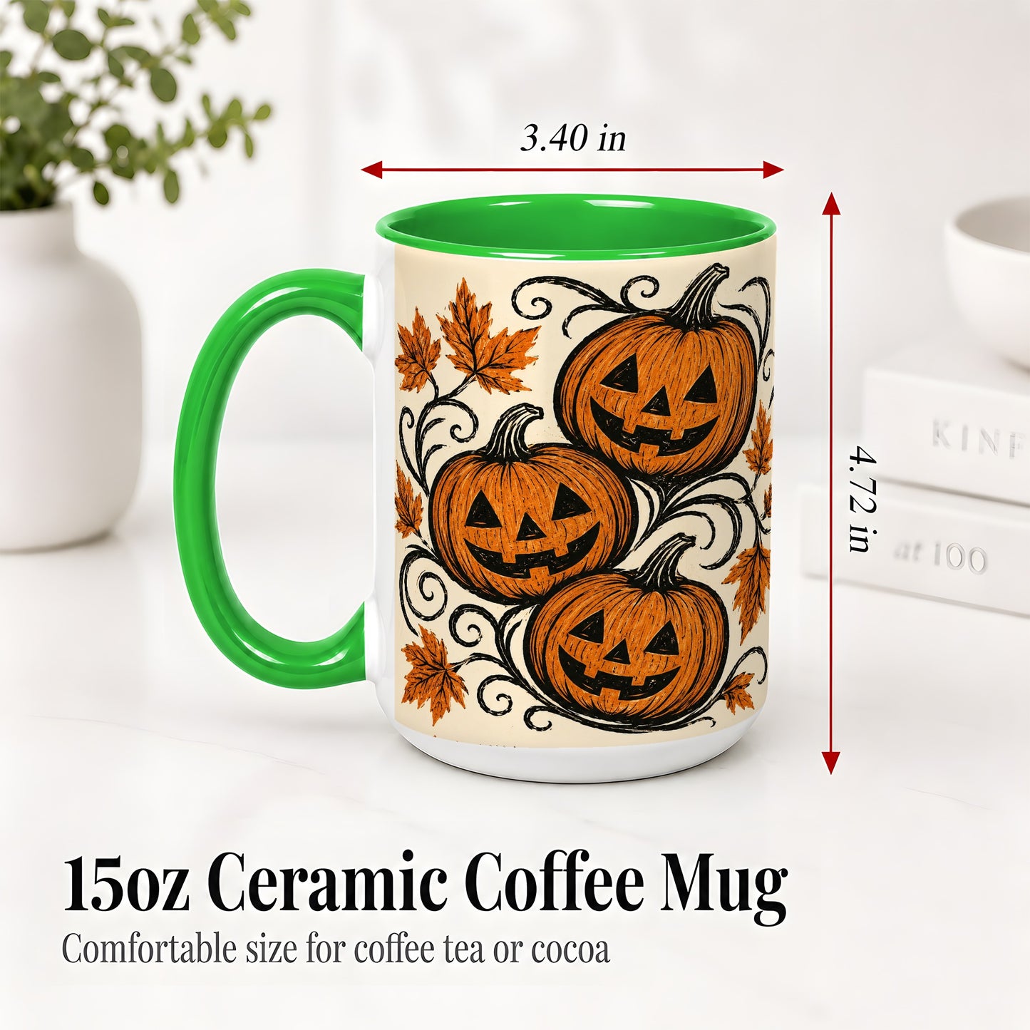 #pl[15oz|Green] Jack O Lantern Trio Ceramic Mug, Vintage Pumpkin Halloween Art