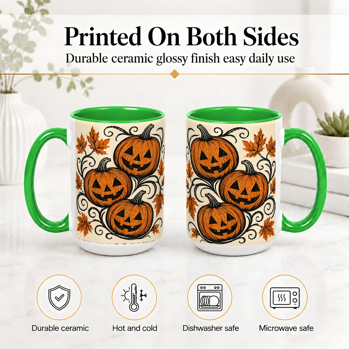 #pl[15oz|Green] Jack O Lantern Trio Ceramic Mug, Vintage Pumpkin Halloween Art