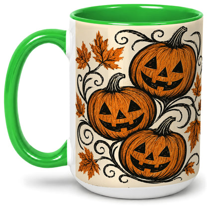 #pl[15oz|Green] Jack O Lantern Trio Ceramic Mug, Vintage Pumpkin Halloween Art