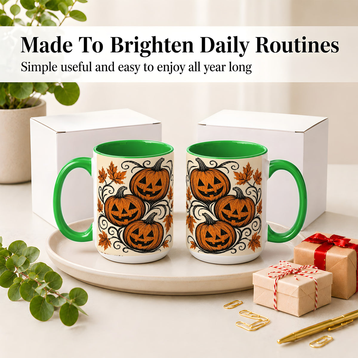 #pl[15oz|Green] Jack O Lantern Trio Ceramic Mug, Vintage Pumpkin Halloween Art