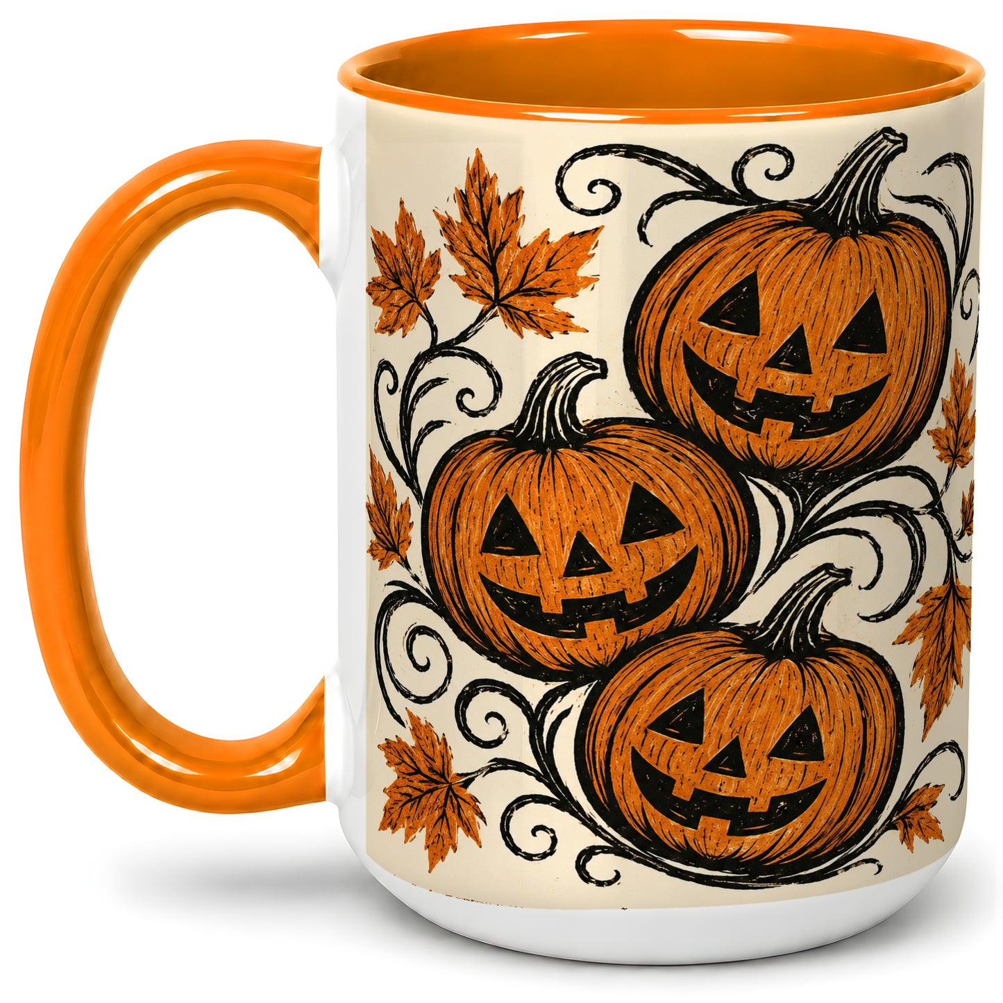 #pl[15oz|Orange] Jack O Lantern Trio Ceramic Mug, Vintage Pumpkin Halloween Art