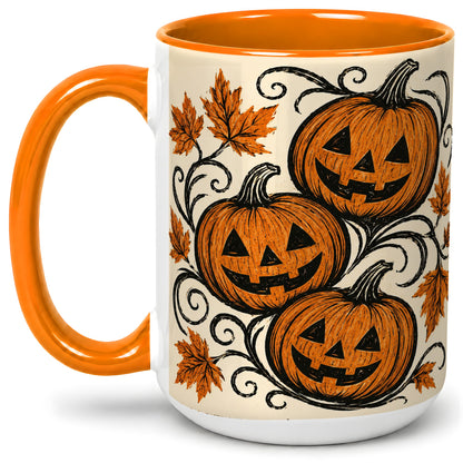 #pl[15oz|Orange] Jack O Lantern Trio Ceramic Mug, Vintage Pumpkin Halloween Art