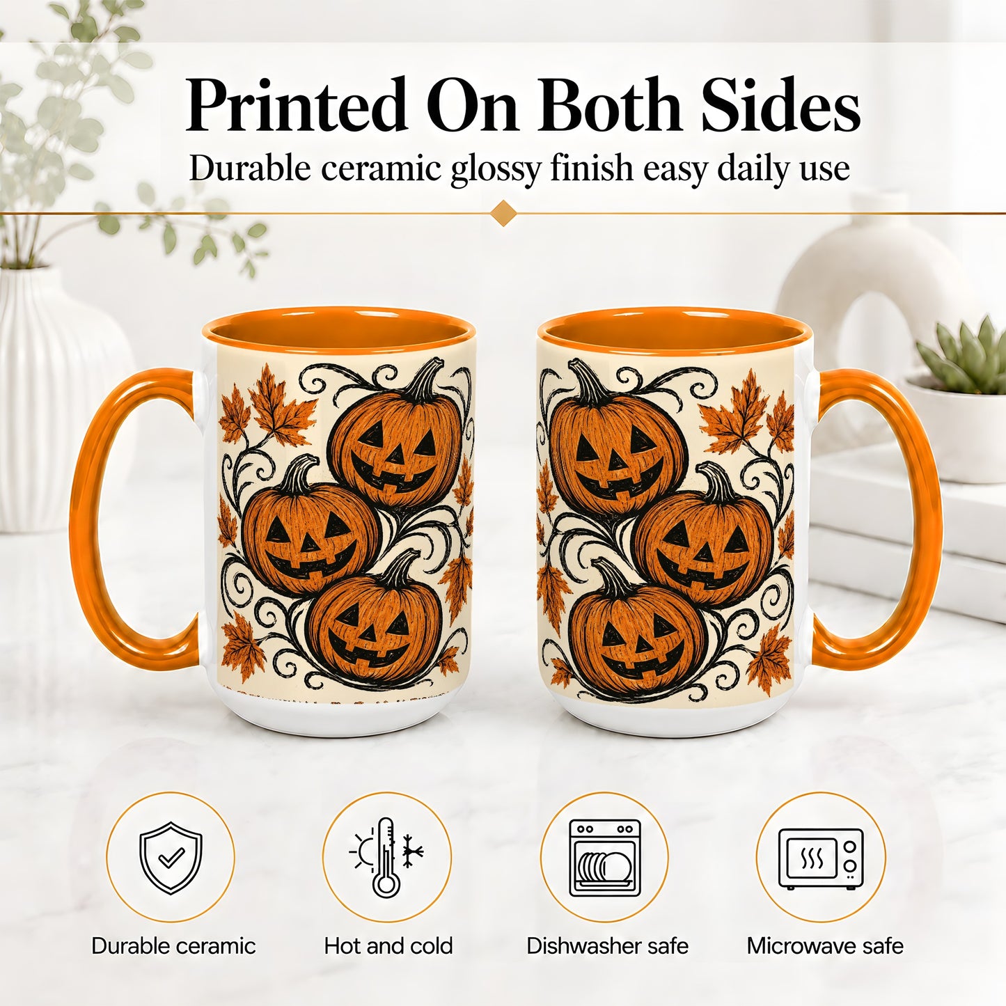 #pl[15oz|Orange] Jack O Lantern Trio Ceramic Mug, Vintage Pumpkin Halloween Art