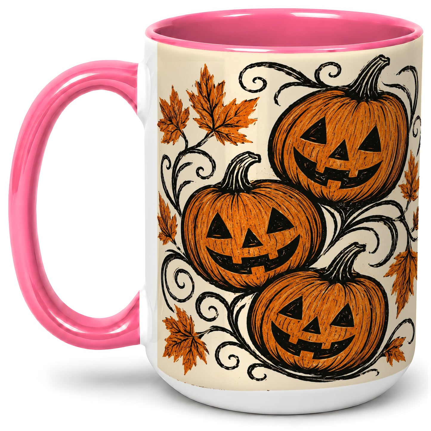 #pl[15oz|Pink] Jack O Lantern Trio Ceramic Mug, Vintage Pumpkin Halloween Art