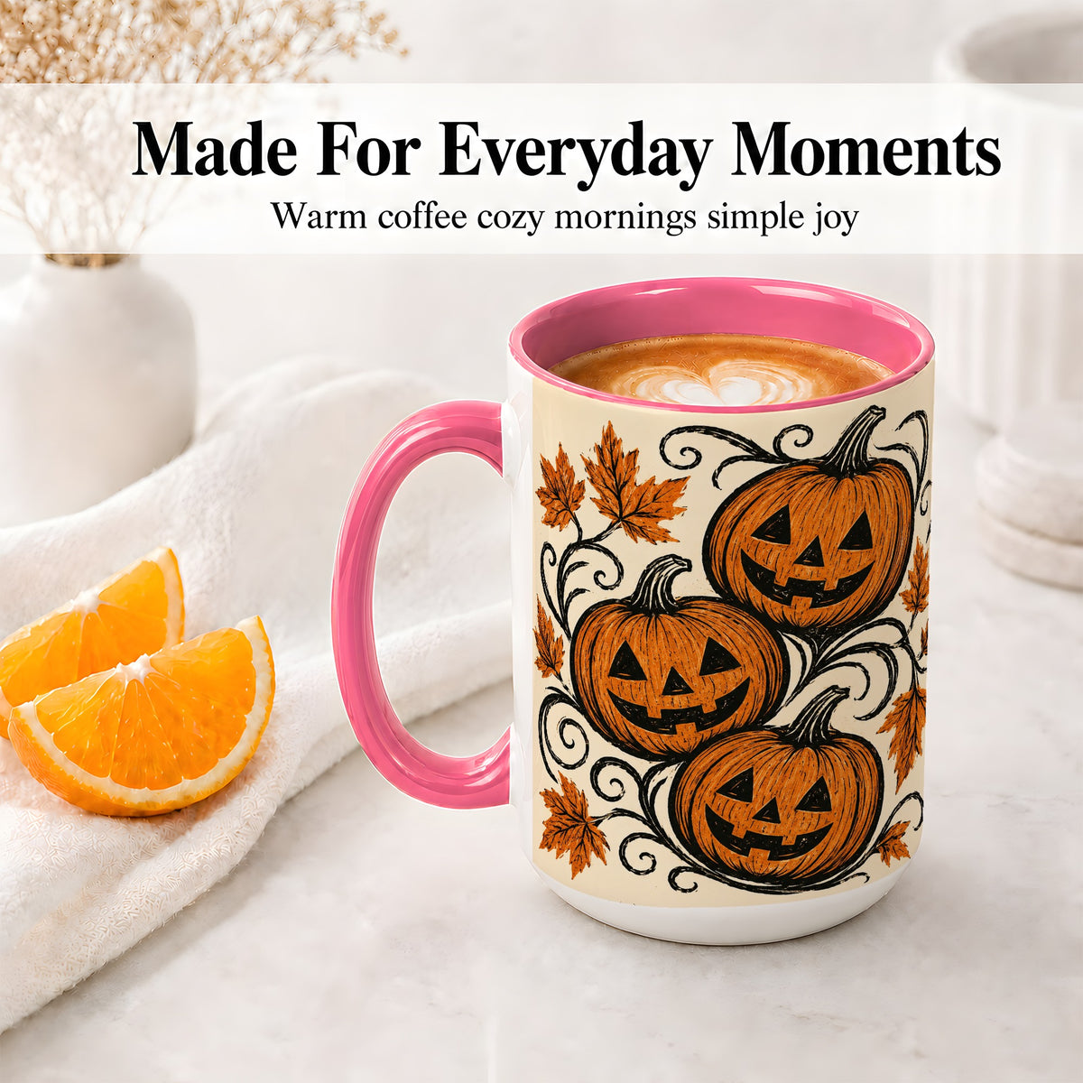#pl[15oz|Pink] Jack O Lantern Trio Ceramic Mug, Vintage Pumpkin Halloween Art