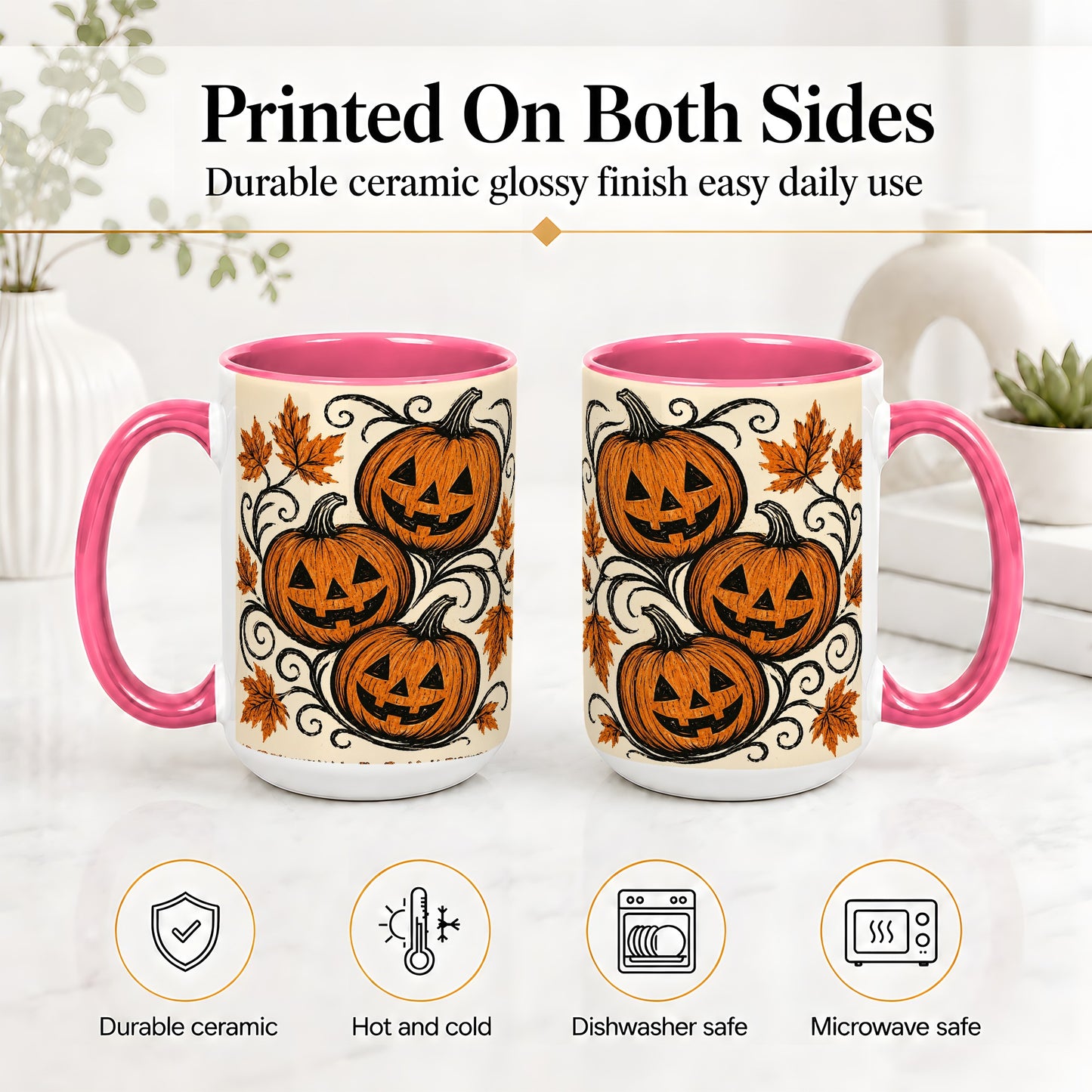#pl[15oz|Pink] Jack O Lantern Trio Ceramic Mug, Vintage Pumpkin Halloween Art