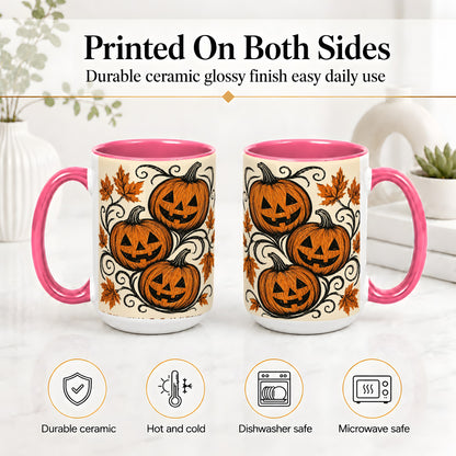 #pl[15oz|Pink] Jack O Lantern Trio Ceramic Mug, Vintage Pumpkin Halloween Art