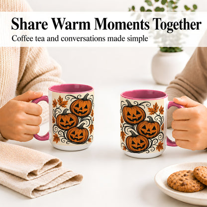 #pl[15oz|Pink] Jack O Lantern Trio Ceramic Mug, Vintage Pumpkin Halloween Art