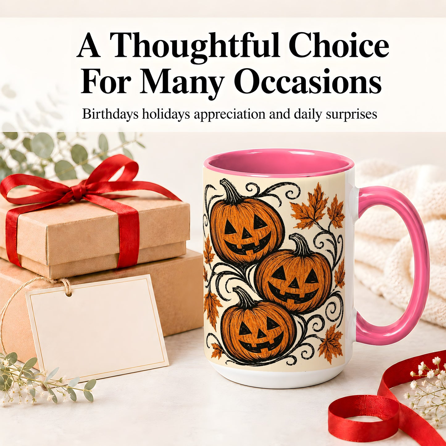 #pl[15oz|Pink] Jack O Lantern Trio Ceramic Mug, Vintage Pumpkin Halloween Art