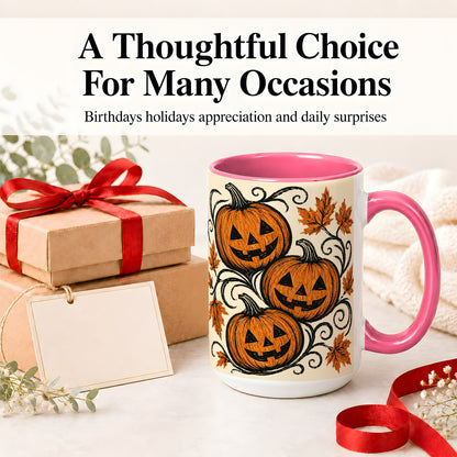 #pl[15oz|Pink] Jack O Lantern Trio Ceramic Mug, Vintage Pumpkin Halloween Art