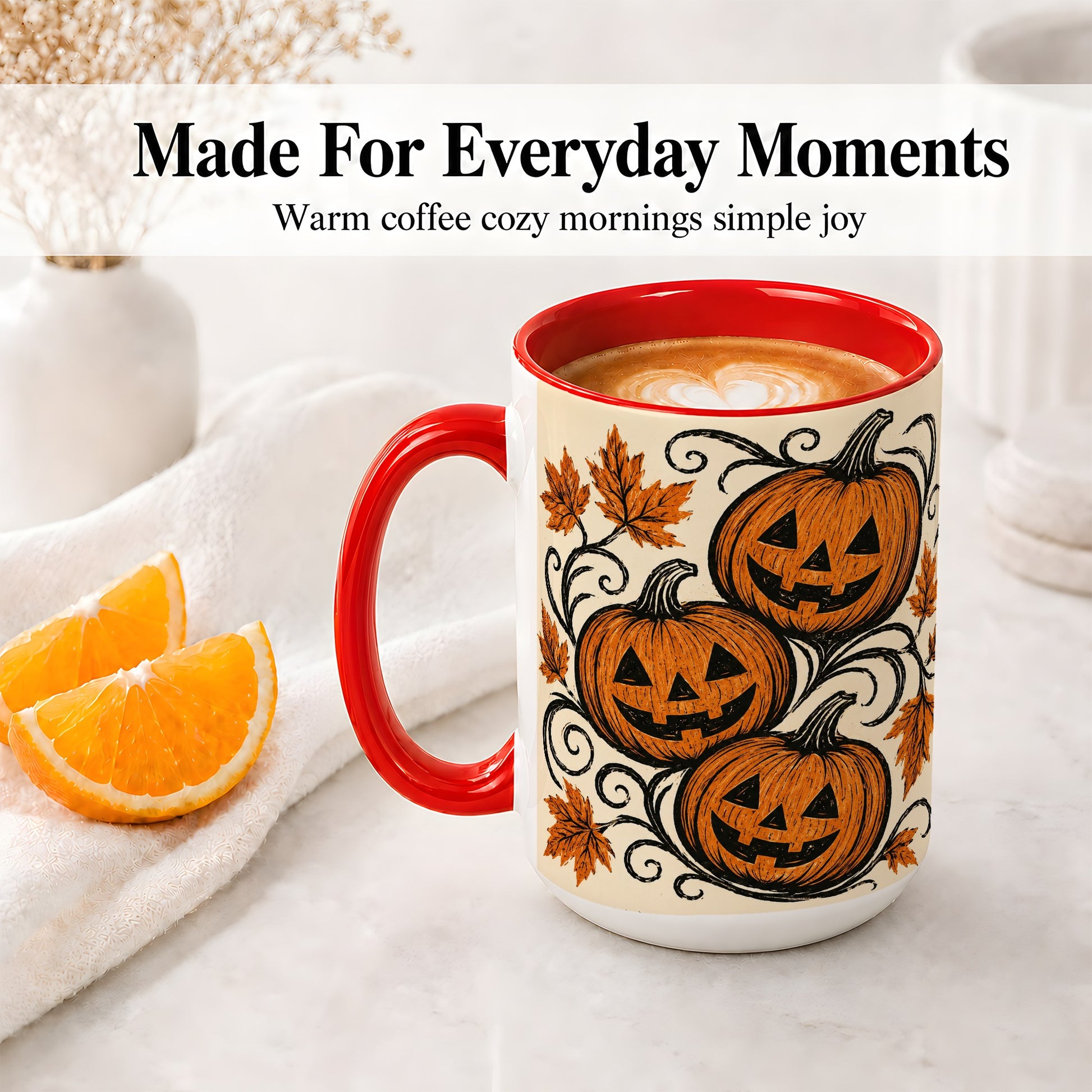 #pl[15oz|Red] Jack O Lantern Trio Ceramic Mug, Vintage Pumpkin Halloween Art