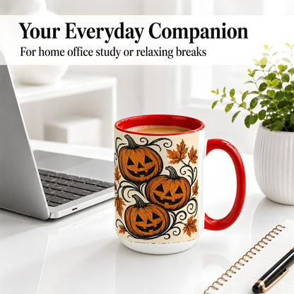 #pl[15oz|Red] Jack O Lantern Trio Ceramic Mug, Vintage Pumpkin Halloween Art