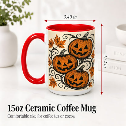 #pl[15oz|Red] Jack O Lantern Trio Ceramic Mug, Vintage Pumpkin Halloween Art