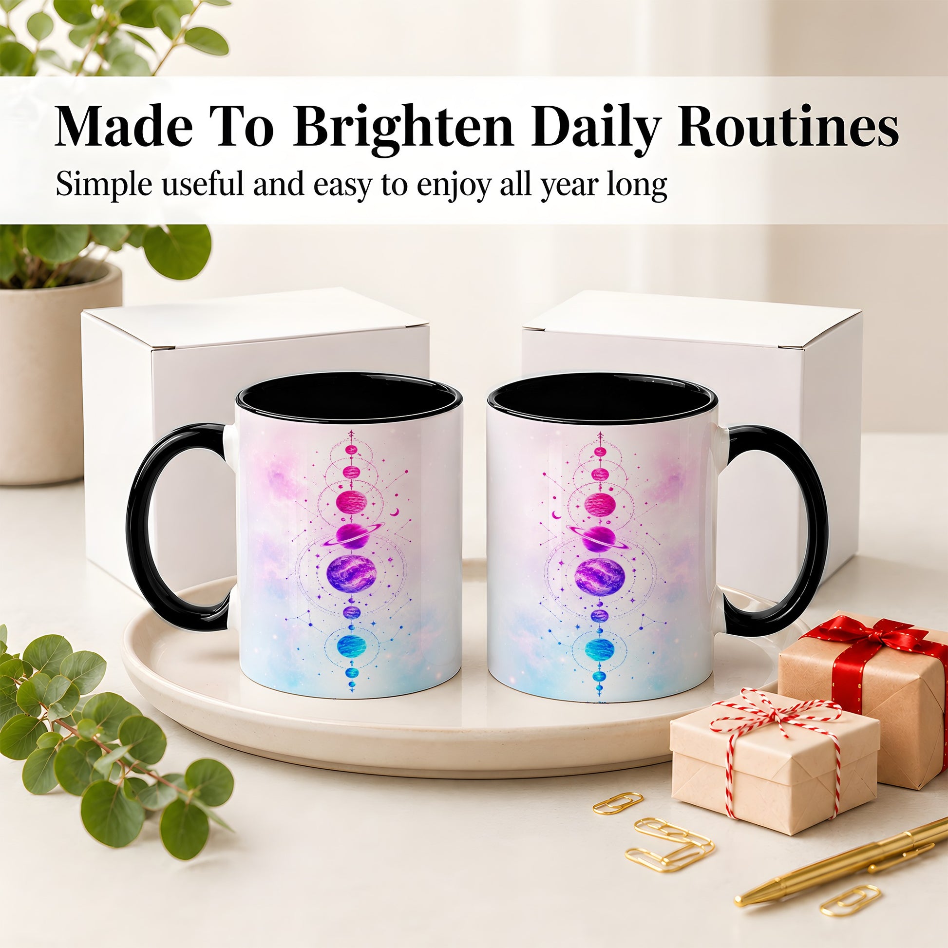 #pl[11oz|Black] Cosmic Planet Alignment Ceramic Mug, Pink Blue Galaxy Artwork