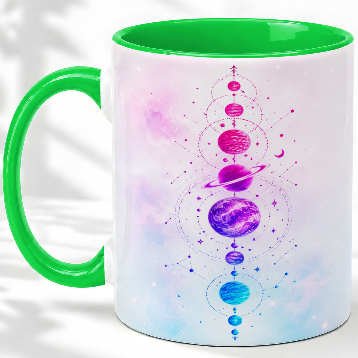 #pl[11oz|Green] Cosmic Planet Alignment Ceramic Mug, Pink Blue Galaxy Artwork