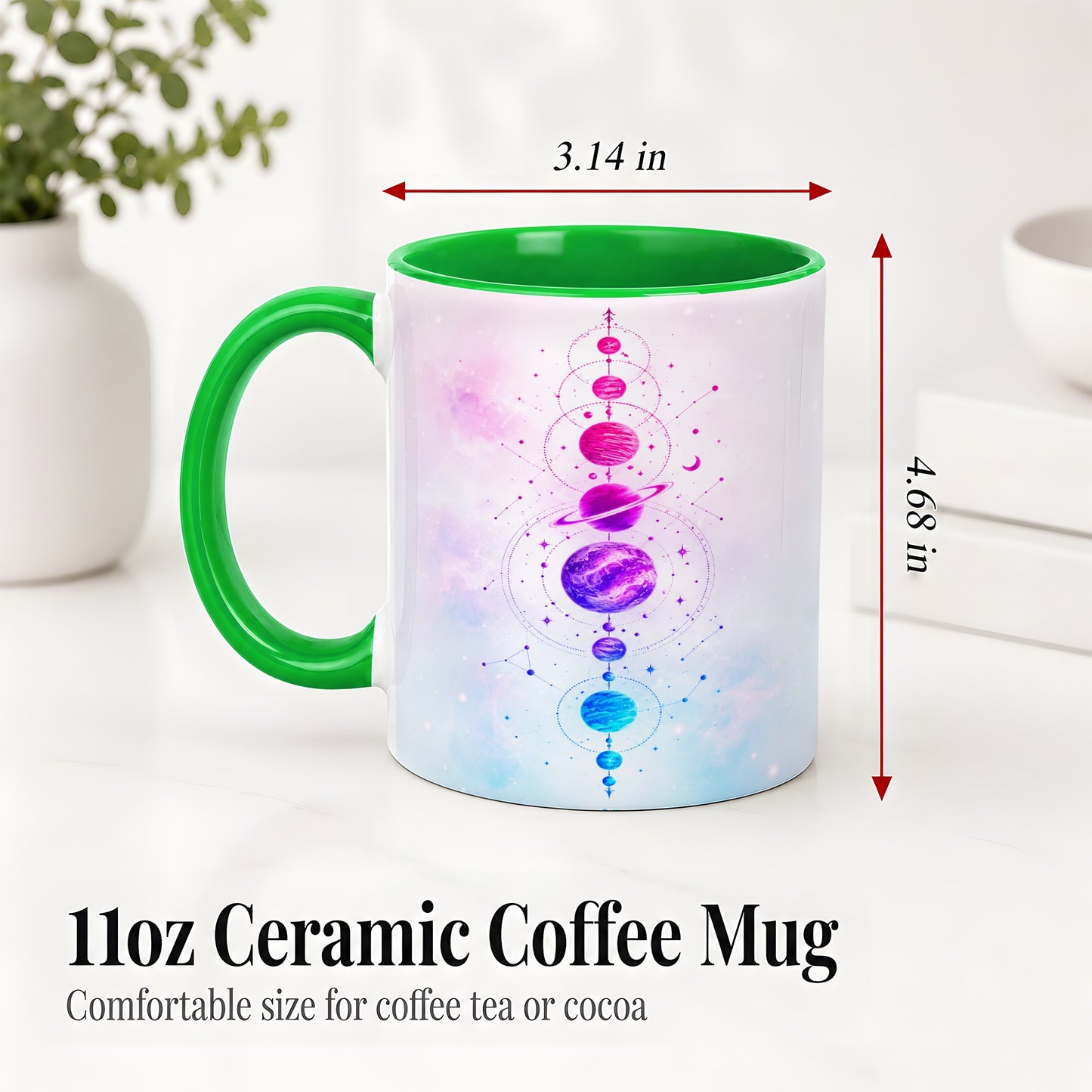 #pl[11oz|Green] Cosmic Planet Alignment Ceramic Mug, Pink Blue Galaxy Artwork