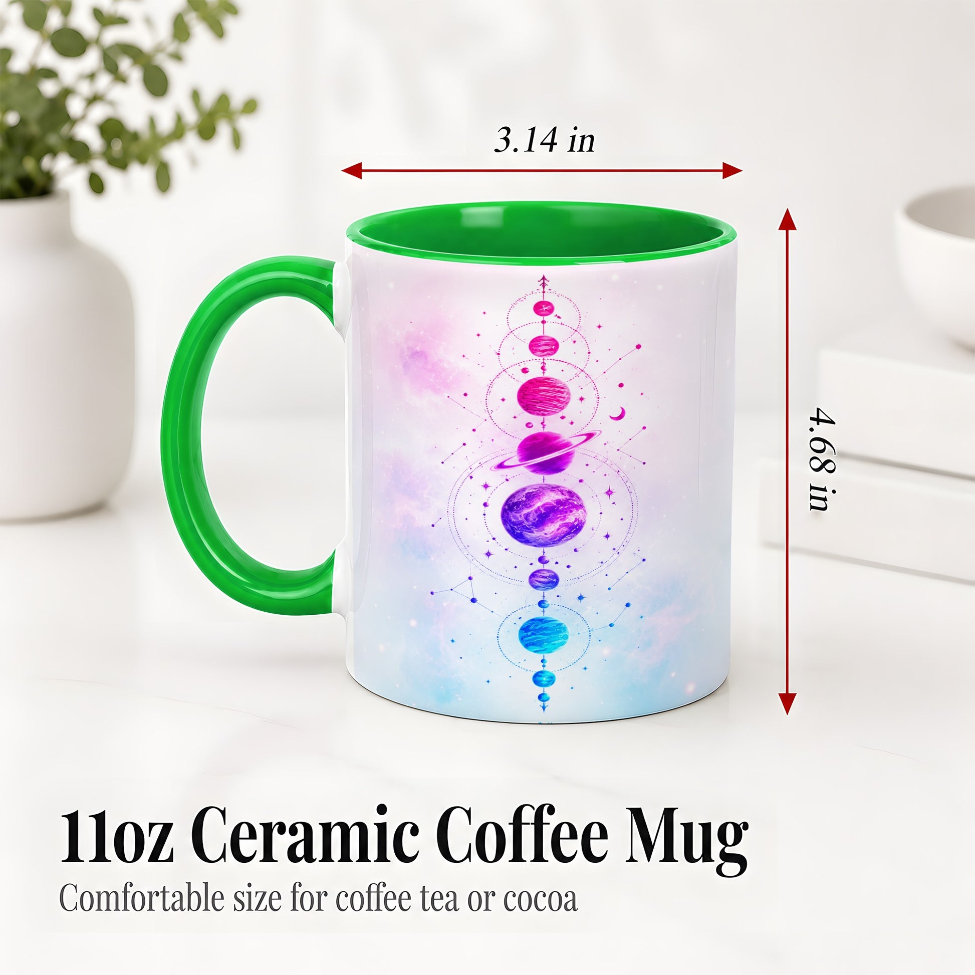 #pl[11oz|Green] Cosmic Planet Alignment Ceramic Mug, Pink Blue Galaxy Artwork