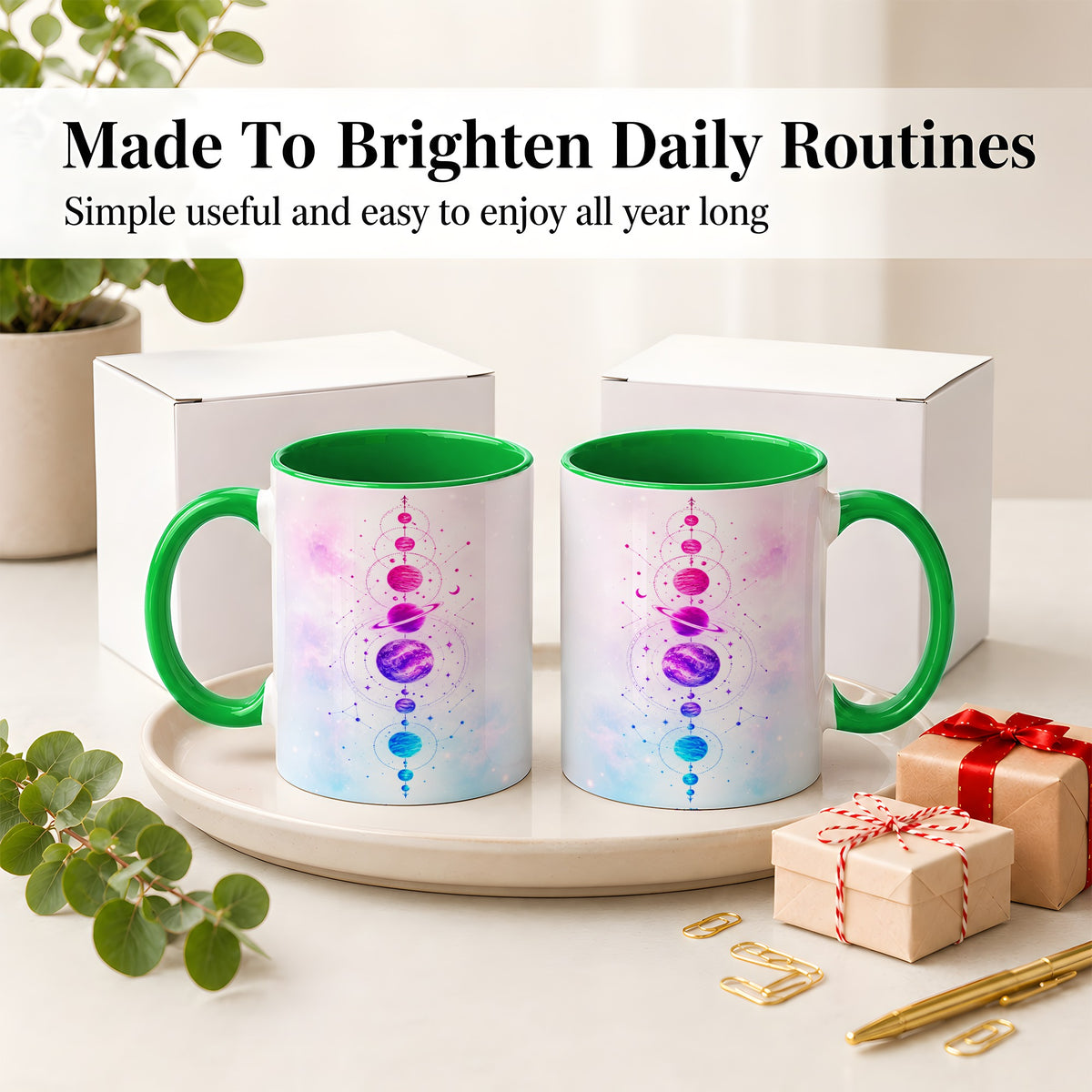 #pl[11oz|Green] Cosmic Planet Alignment Ceramic Mug, Pink Blue Galaxy Artwork