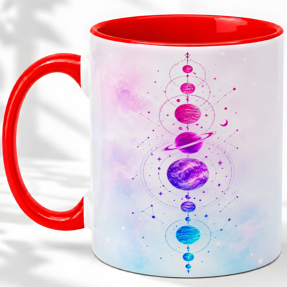 Cosmic Planet Alignment Ceramic Mug, Pink Blue Galaxy Artwork