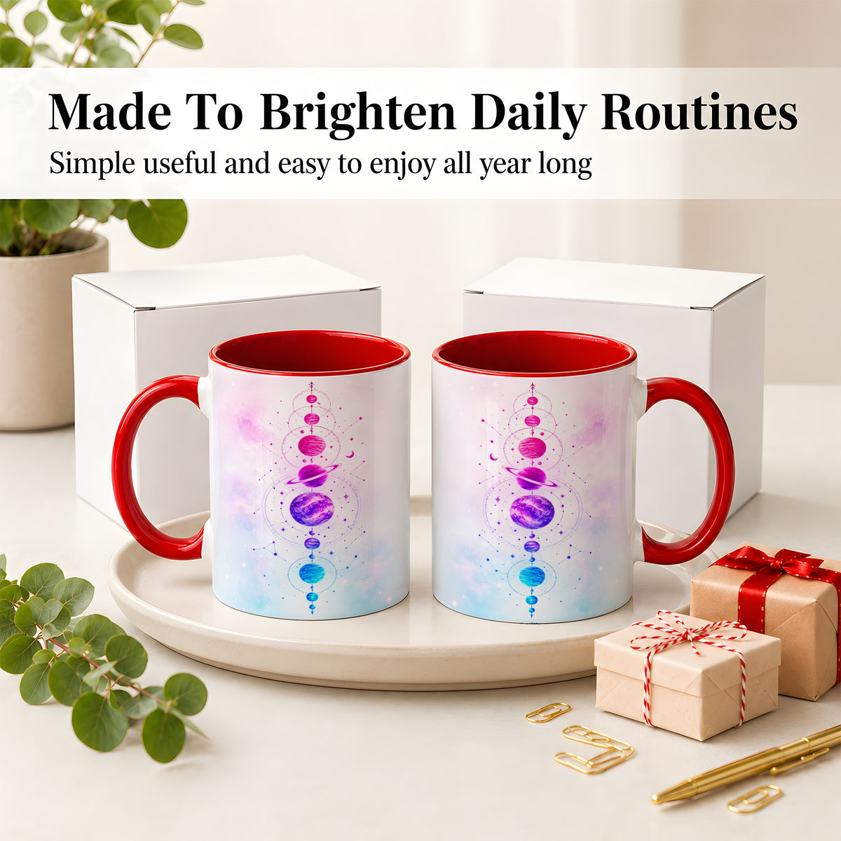 #pl[11oz|Red] Cosmic Planet Alignment Ceramic Mug, Pink Blue Galaxy Artwork
