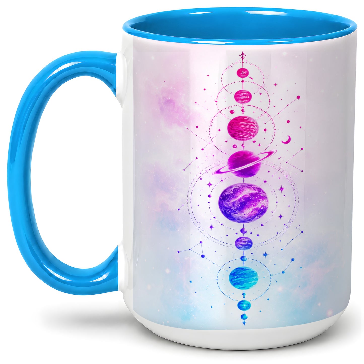 #pl[15oz|Blue] Cosmic Planet Alignment Ceramic Mug, Pink Blue Galaxy Artwork
