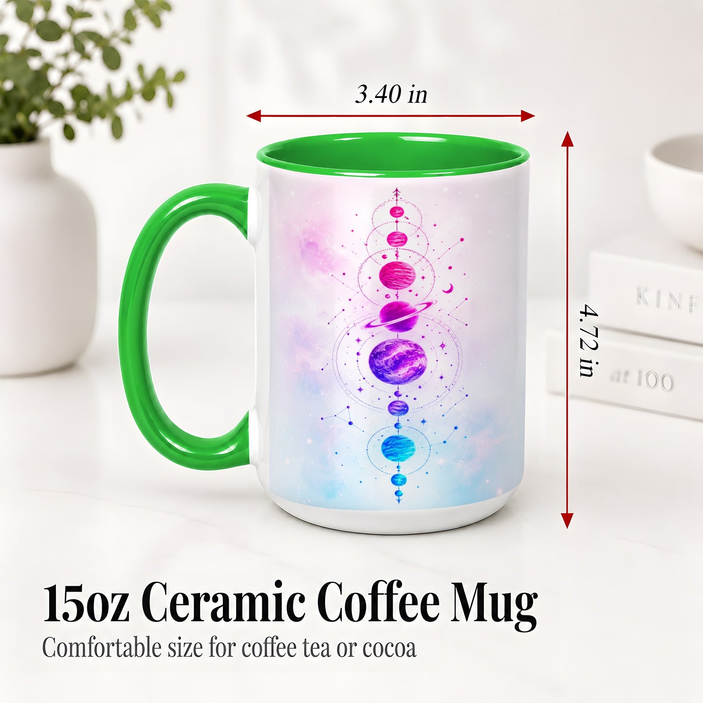 #pl[15oz|Green] Cosmic Planet Alignment Ceramic Mug, Pink Blue Galaxy Artwork