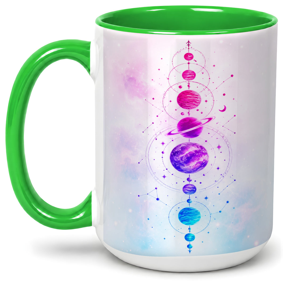#pl[15oz|Green] Cosmic Planet Alignment Ceramic Mug, Pink Blue Galaxy Artwork