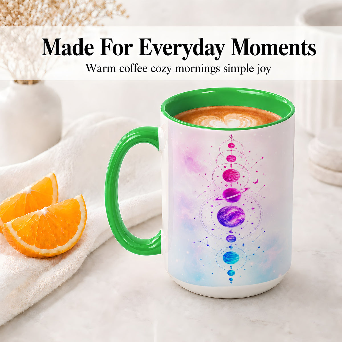 #pl[15oz|Green] Cosmic Planet Alignment Ceramic Mug, Pink Blue Galaxy Artwork