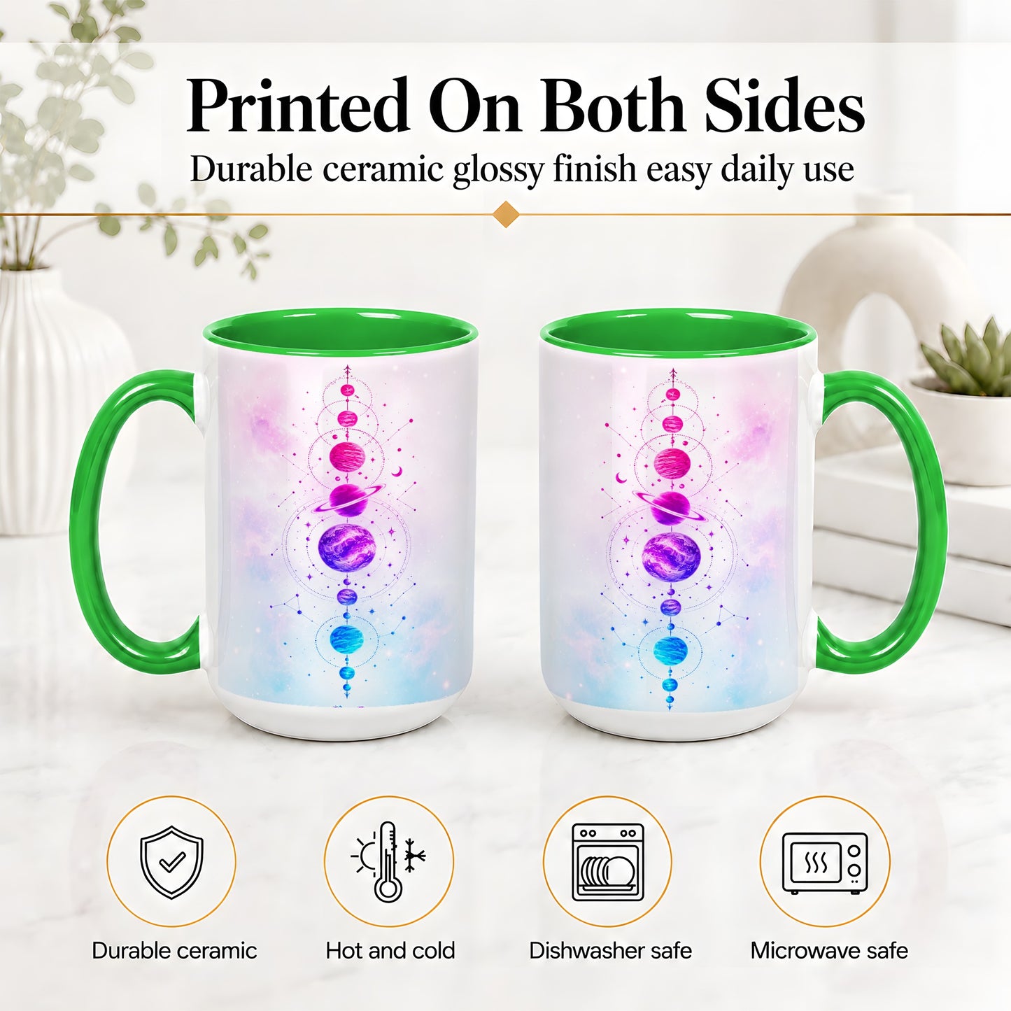 #pl[15oz|Green] Cosmic Planet Alignment Ceramic Mug, Pink Blue Galaxy Artwork