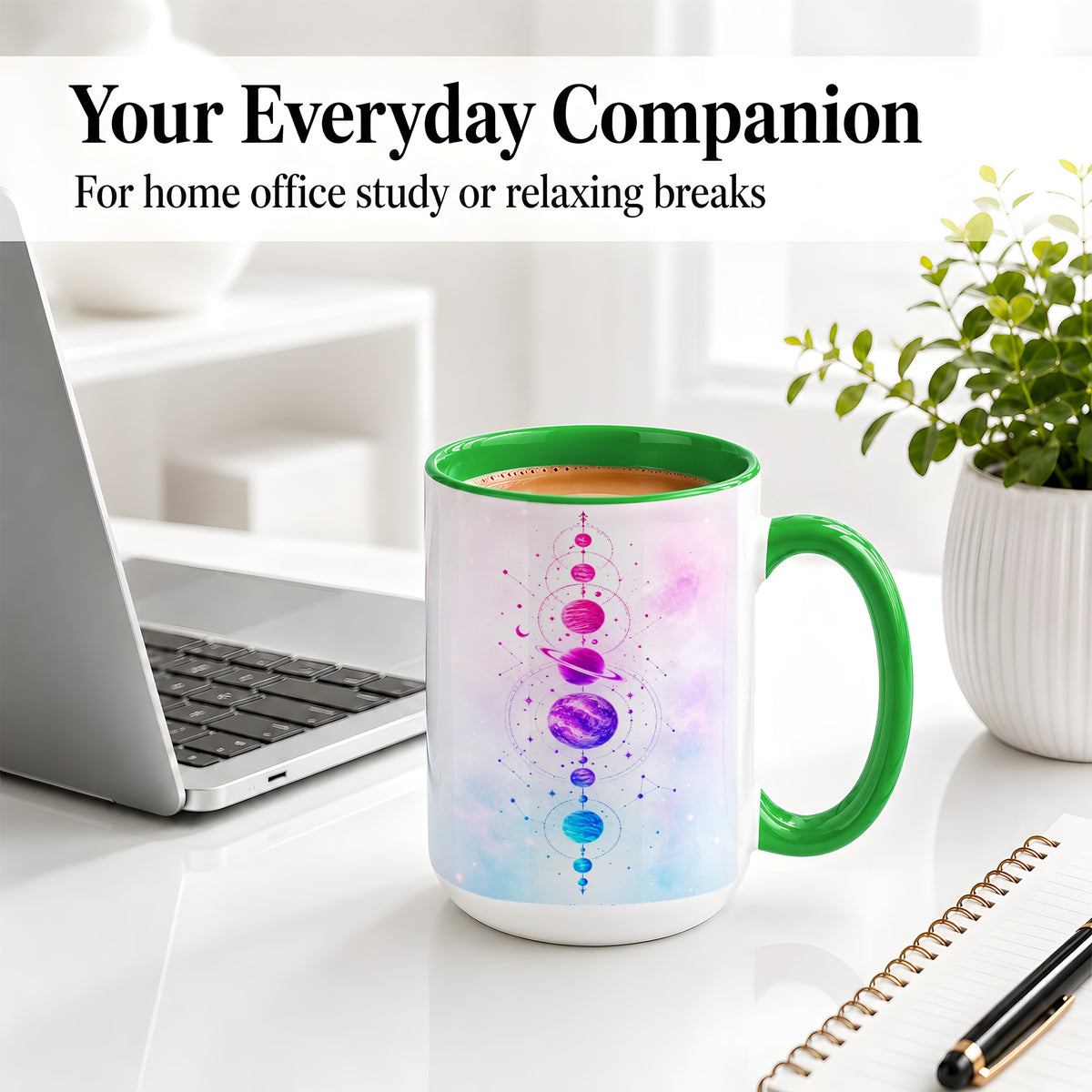#pl[15oz|Green] Cosmic Planet Alignment Ceramic Mug, Pink Blue Galaxy Artwork