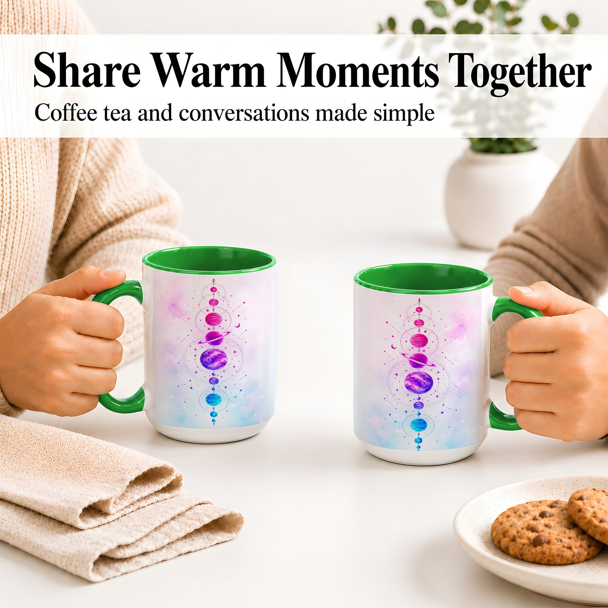 #pl[15oz|Green] Cosmic Planet Alignment Ceramic Mug, Pink Blue Galaxy Artwork