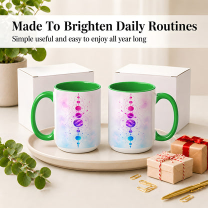 #pl[15oz|Green] Cosmic Planet Alignment Ceramic Mug, Pink Blue Galaxy Artwork