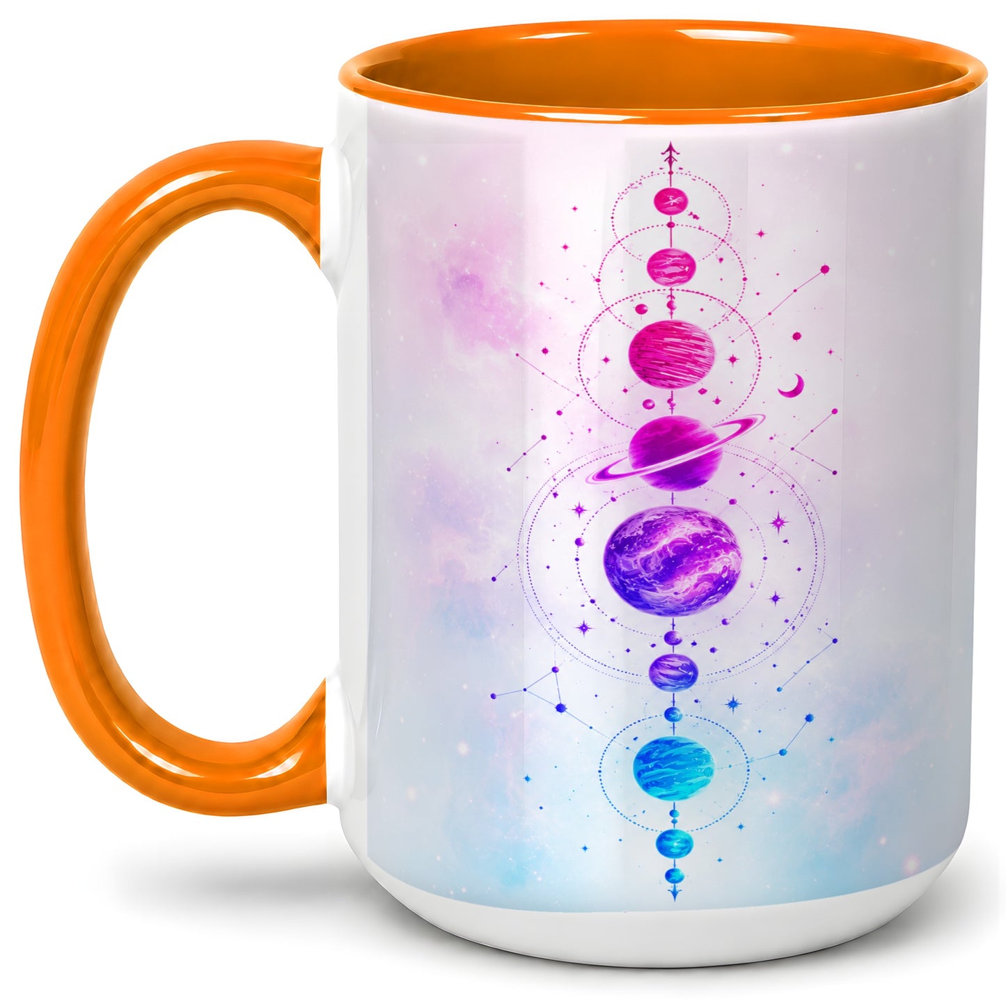 #pl[15oz|Orange] Cosmic Planet Alignment Ceramic Mug, Pink Blue Galaxy Artwork