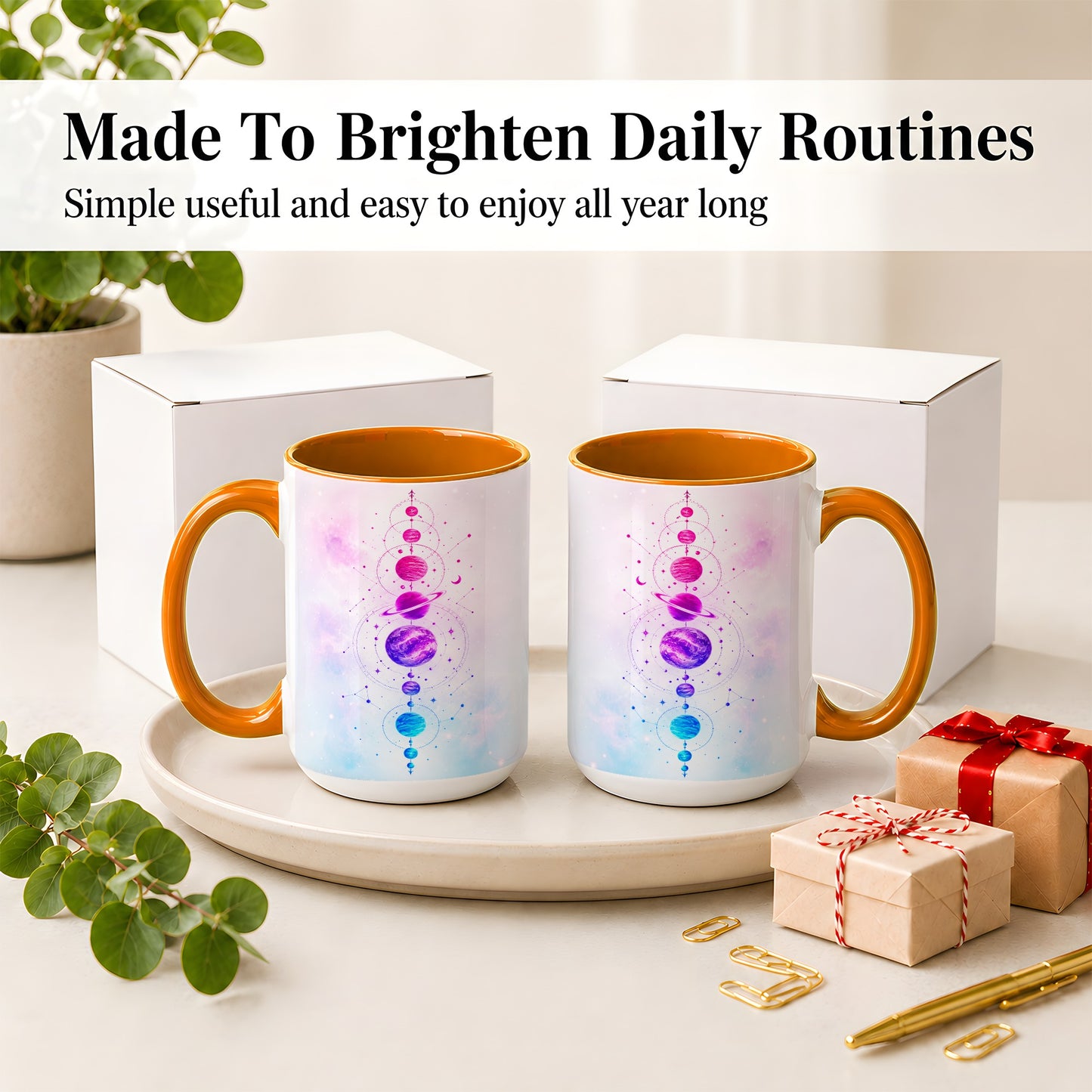 #pl[15oz|Orange] Cosmic Planet Alignment Ceramic Mug, Pink Blue Galaxy Artwork