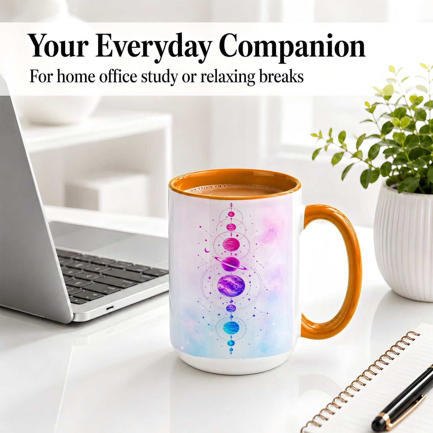 #pl[15oz|Orange] Cosmic Planet Alignment Ceramic Mug, Pink Blue Galaxy Artwork