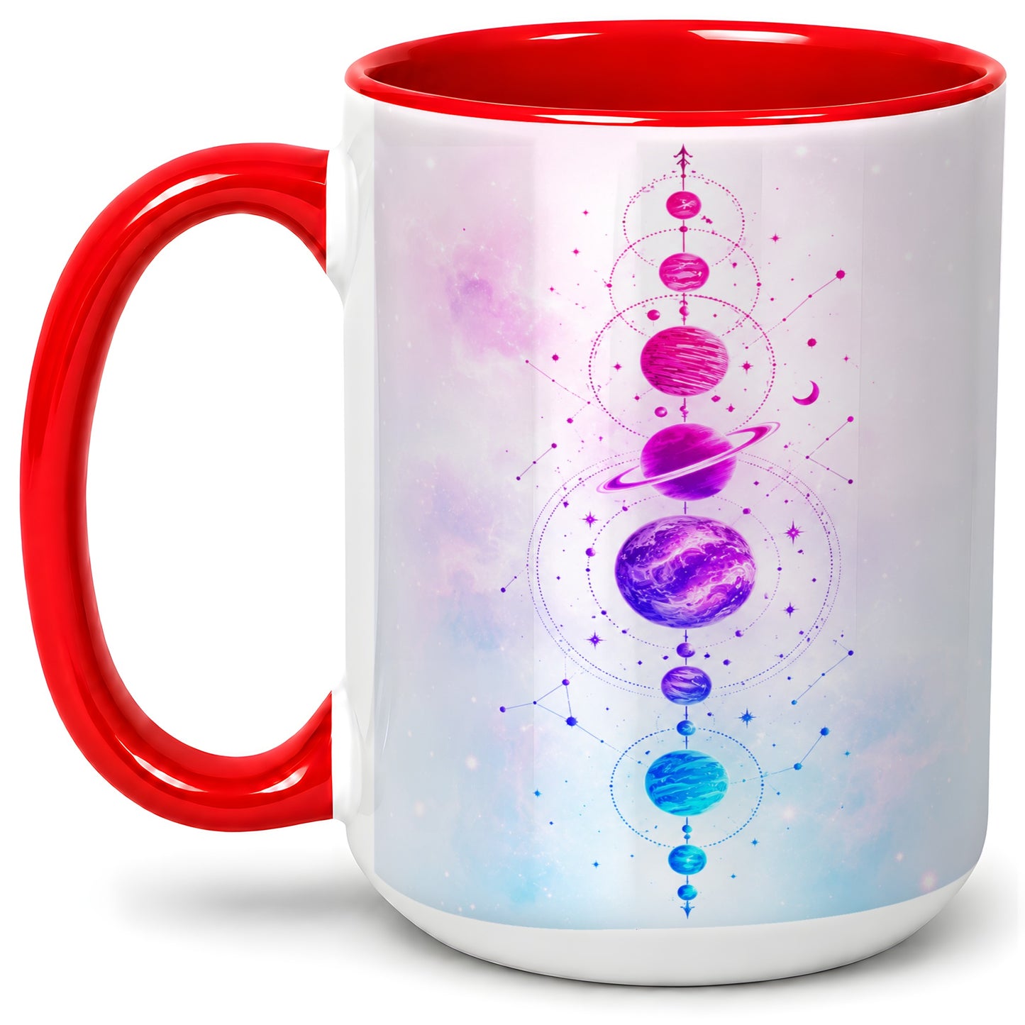 #pl[15oz|Red] Cosmic Planet Alignment Ceramic Mug, Pink Blue Galaxy Artwork