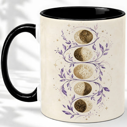 #pl[11oz|Black] Moon Phase Botanical Ceramic Mug, Purple Celestial Art for Moon Fans