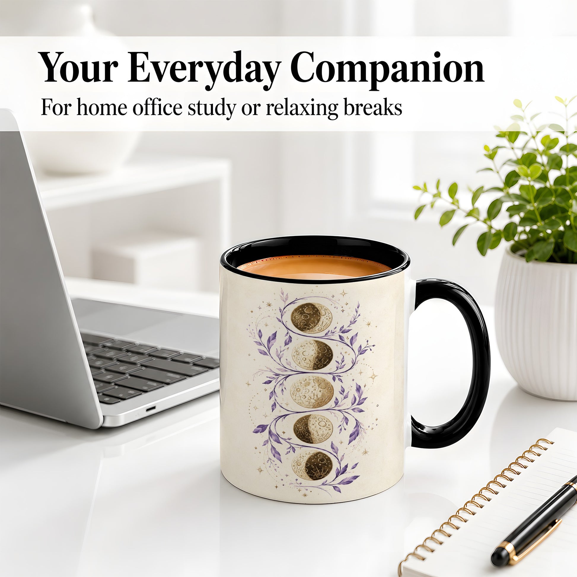 #pl[11oz|Black] Moon Phase Botanical Ceramic Mug, Purple Celestial Art for Moon Fans