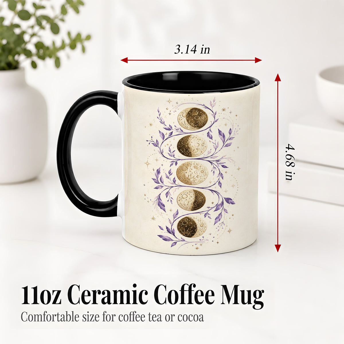 #pl[11oz|Black] Moon Phase Botanical Ceramic Mug, Purple Celestial Art for Moon Fans