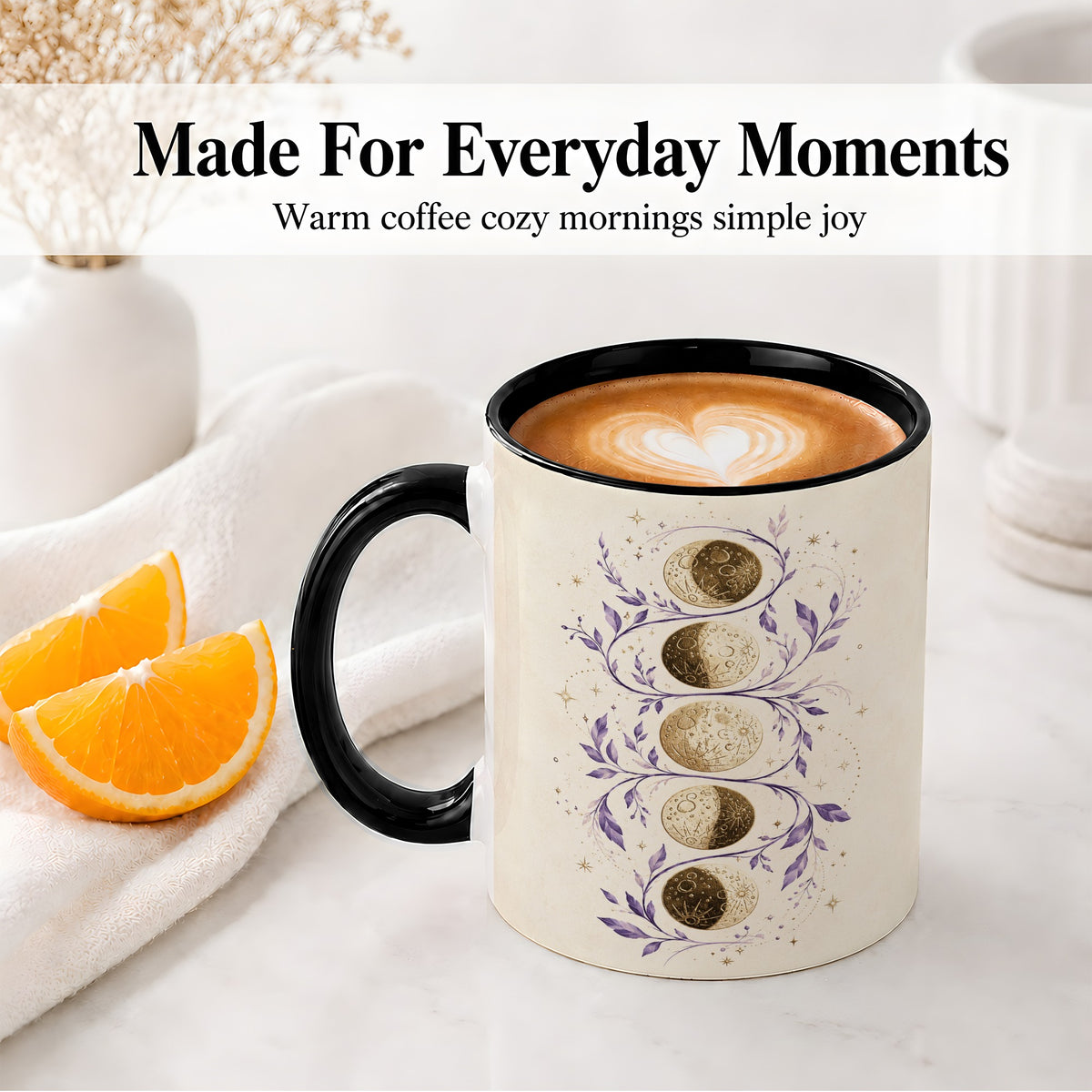 #pl[11oz|Black] Moon Phase Botanical Ceramic Mug, Purple Celestial Art for Moon Fans